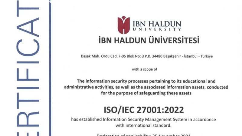 Ibn Haldun University Was Entitled to Receive the Information Security Management System (ISMS) Certificate