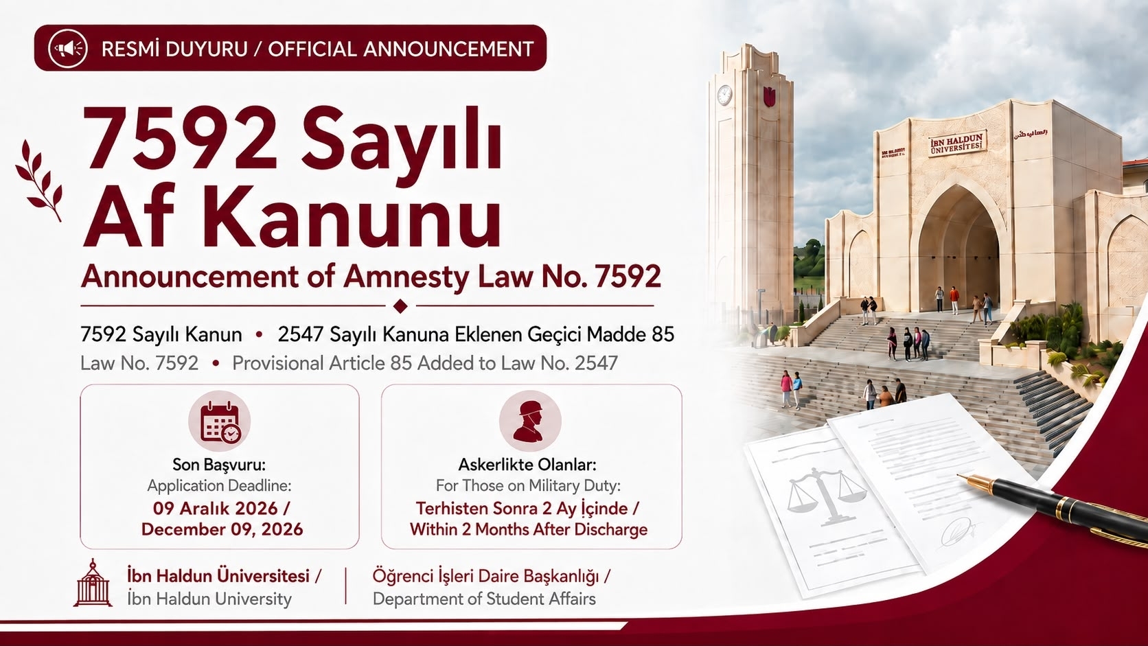 7592 Sayılı Af Kanunu Kapsamında Üniversitemize Başvuru Yapacak Öğrenciler İçin Duyuru