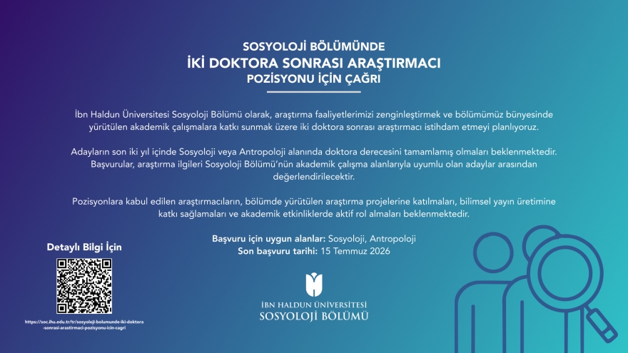 Sosyoloji Bölümünde İki Doktora Sonrası Araştırmacı Pozisyonu İçin Çağrı